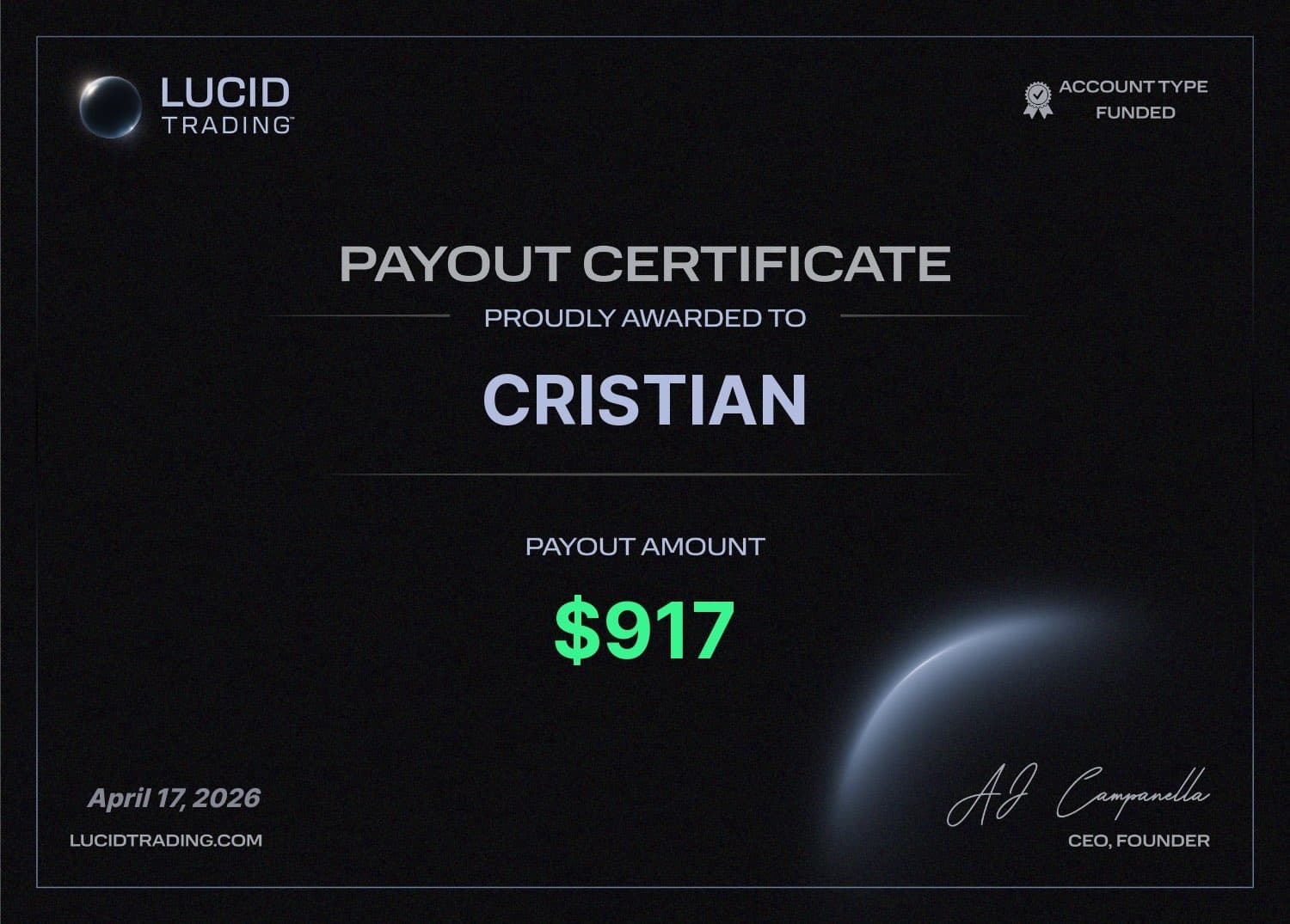 Cristian — Lucid Trading $917 payout