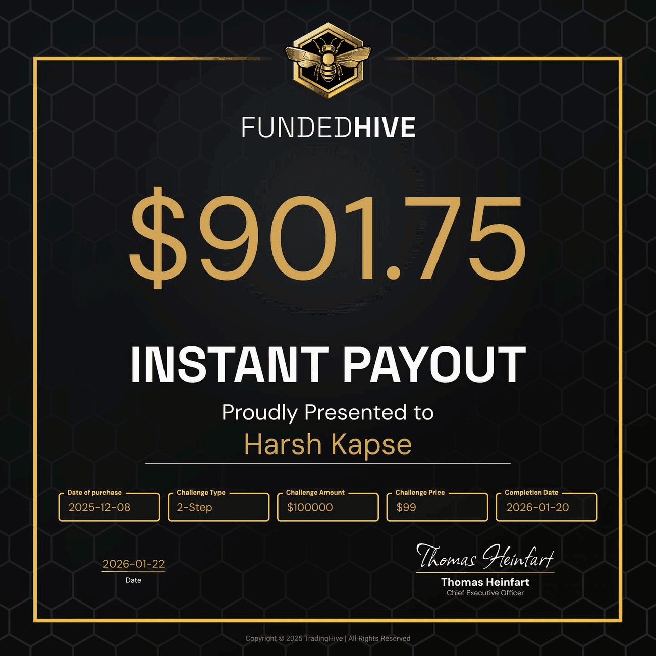 Harsh K. (Co-founder) — FundedHive $901.75 payout