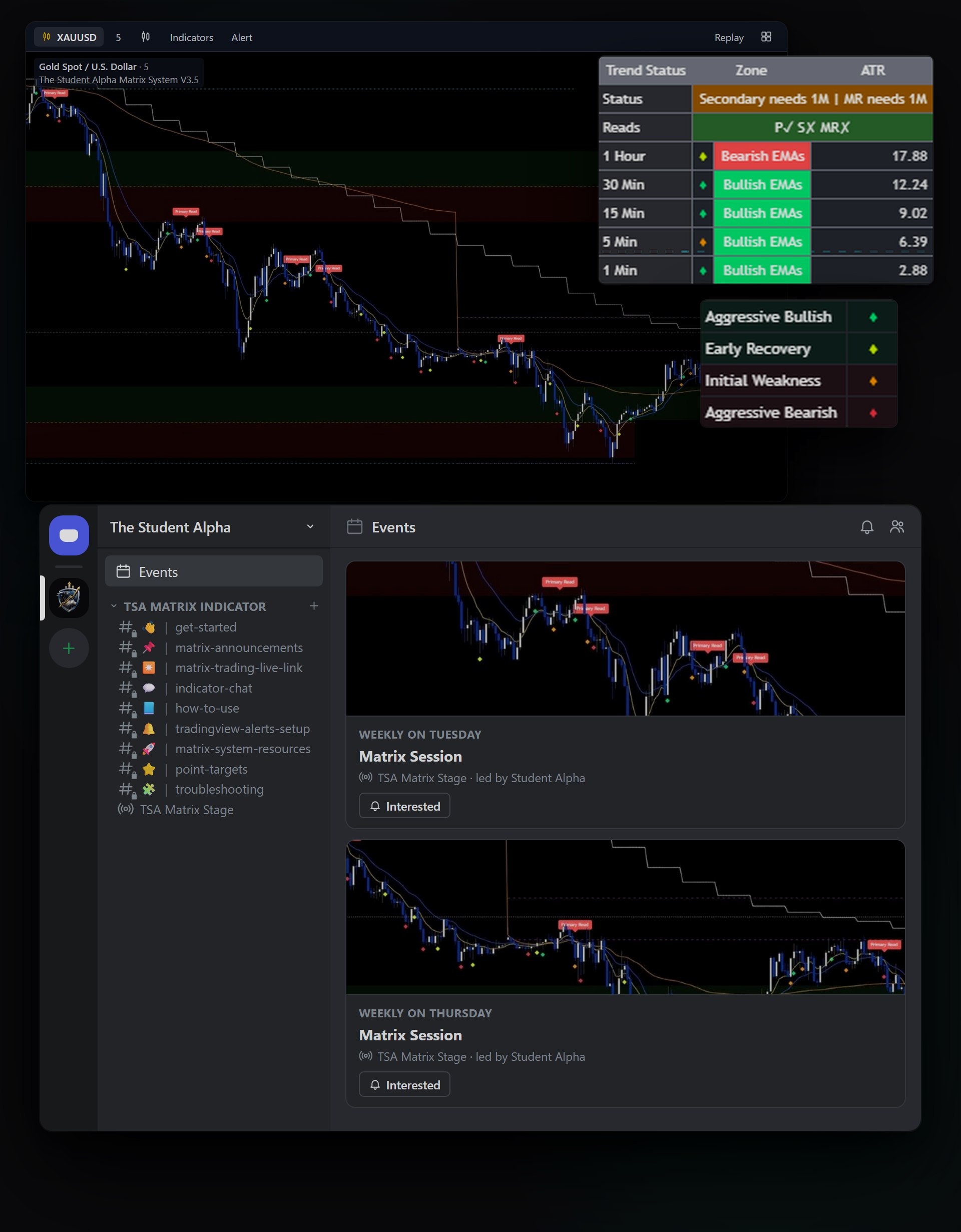TradingView chart running the Matrix System with its Trend Status and Matrix Status tables, and the Discord Matrix channels with the Tuesday and Thursday session schedule