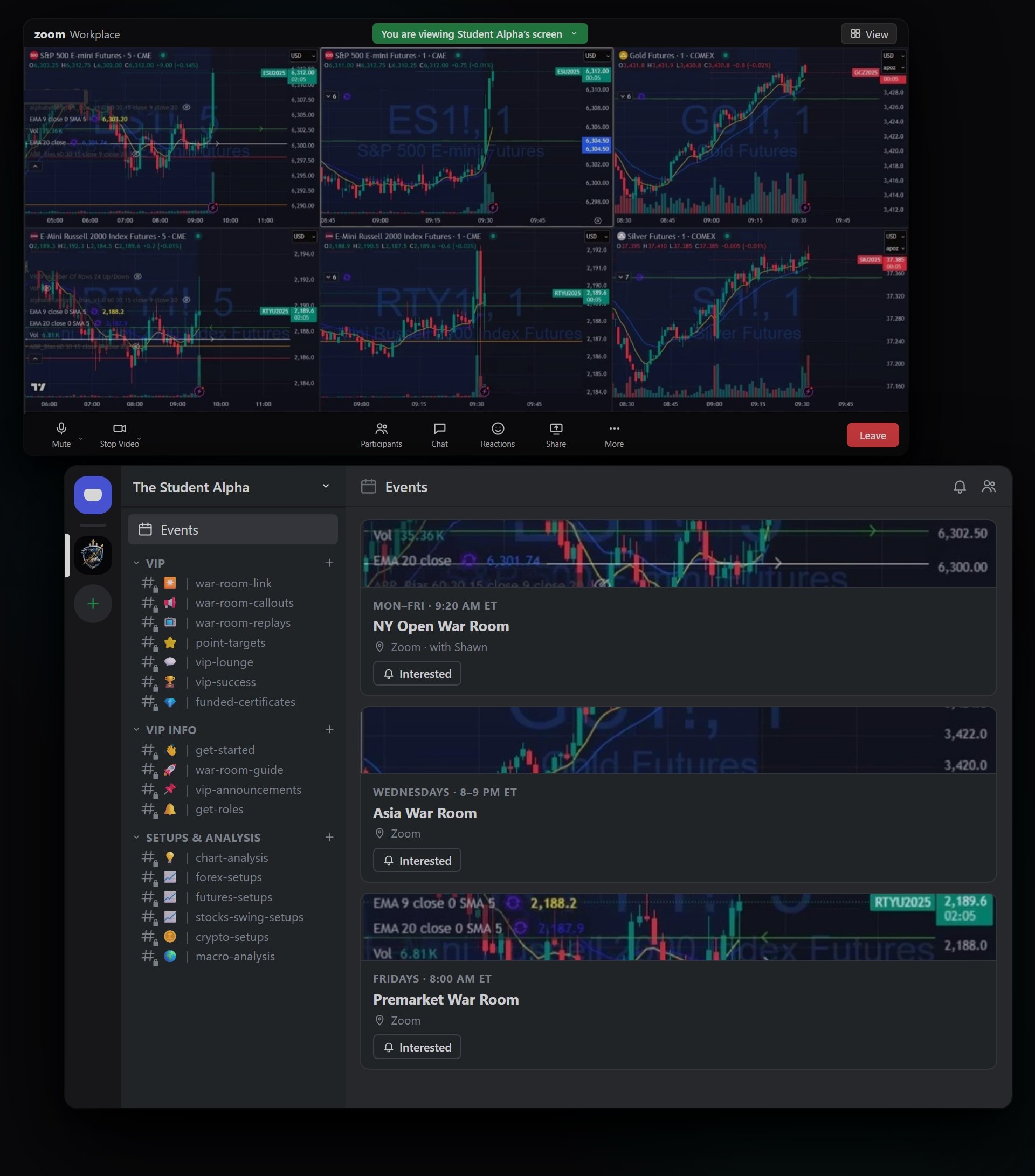 Zoom screen-share of the six-chart War Room layout, with the Discord VIP channel list and the weekly session schedule